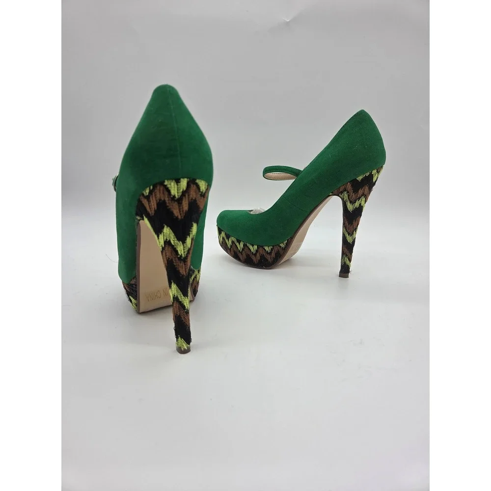Modesta Mary Jane Platform Heels 6.5 Green Embroidered Zig‎ Zag Womens Pumps